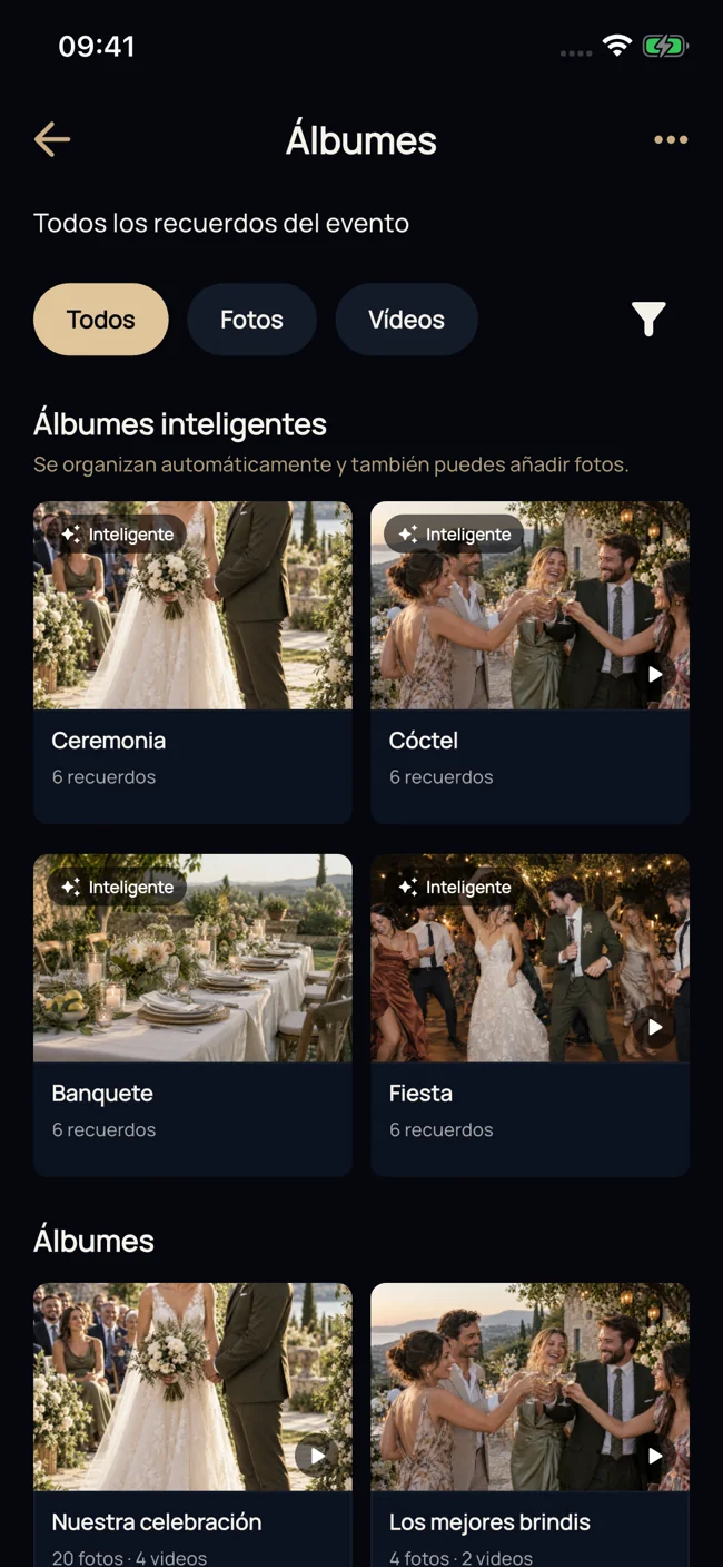 Interfaz de Celebriam con un evento ficticio: Comparte tus recuerdos