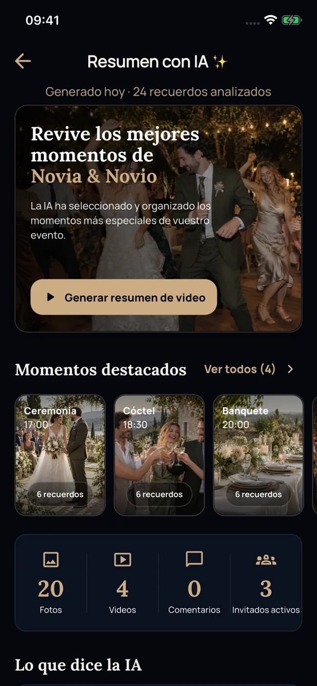 Interfaz de Celebriam con un evento ficticio: Resumen del evento